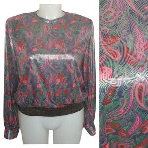 70's Vintage Metallic Disco Blouse size 14 16 Paisley & Stripes Long Sleeve